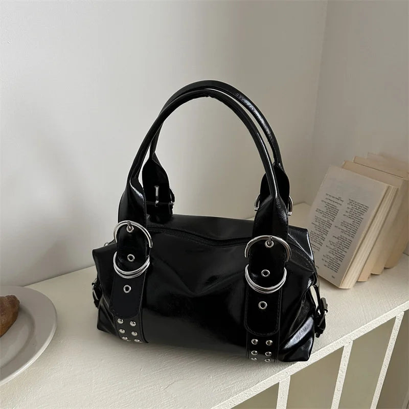 Vintage Style PU Leather Women Shoulder Bag Large Capacity High Quality Fashion Rivet Handbag Daily Use Y2K Motorcycle Bag