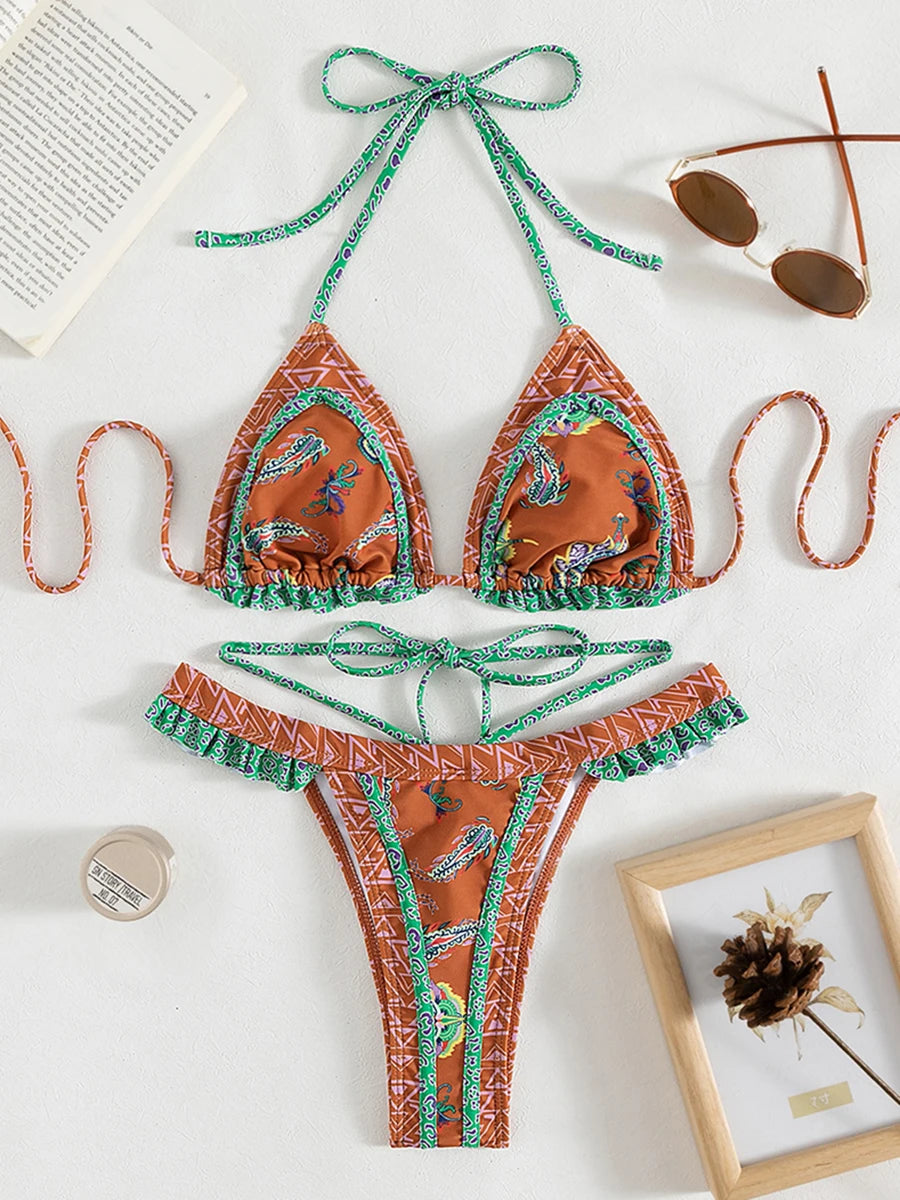 Print Bikinis Bordered Bikini Set Mciro Halter Swimwear Women Swimsuit Sexy Beachwear Brazilian Biquini Triangle Bathing Suits