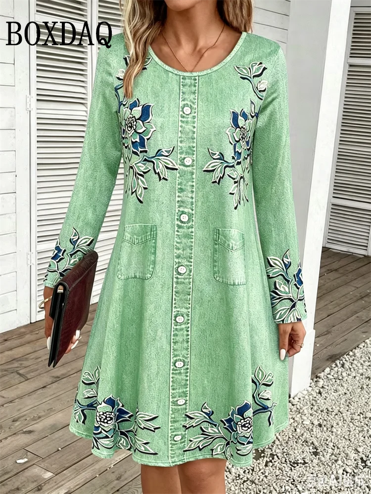 2026 Women's Casual Floral Imitation Denim 3D Print Dress Fashion Round Neck Autumn Loose A-Line Dress Long Sleeve Women's Dress