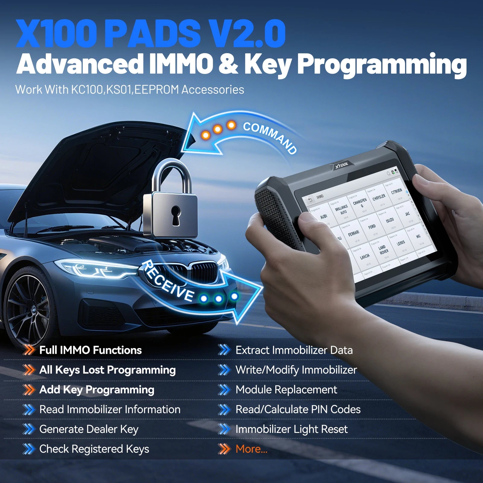 XTOOL X100 PADS V2.0 Key Programmer Automotive Scanner IMMO Read Write Chip All Key Lost OBD2 Diagnostic Tool With CANFD DOIP