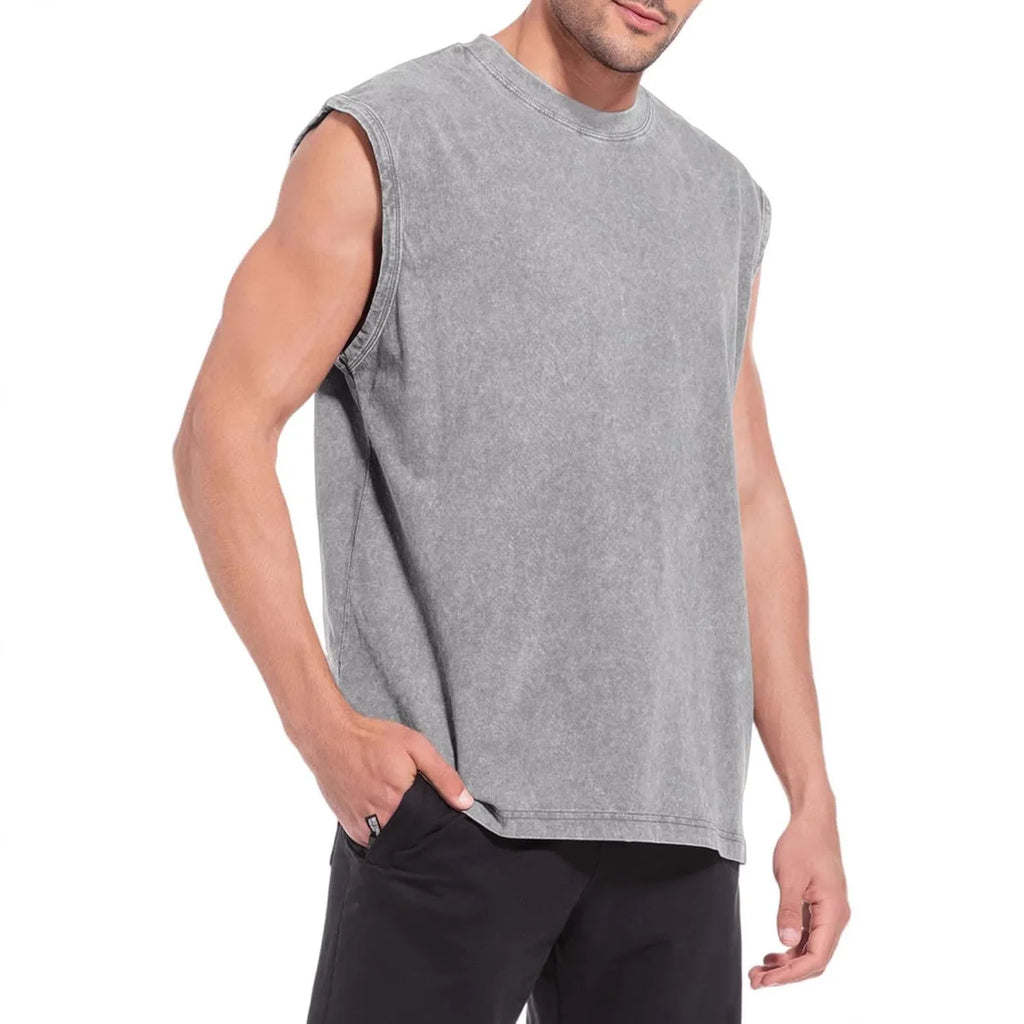 100% Cotton Men's Summer T Vintage Washed Vest Male Tops Round Neck Loose Oversized Large Size Casual Basic Streetwear Vest