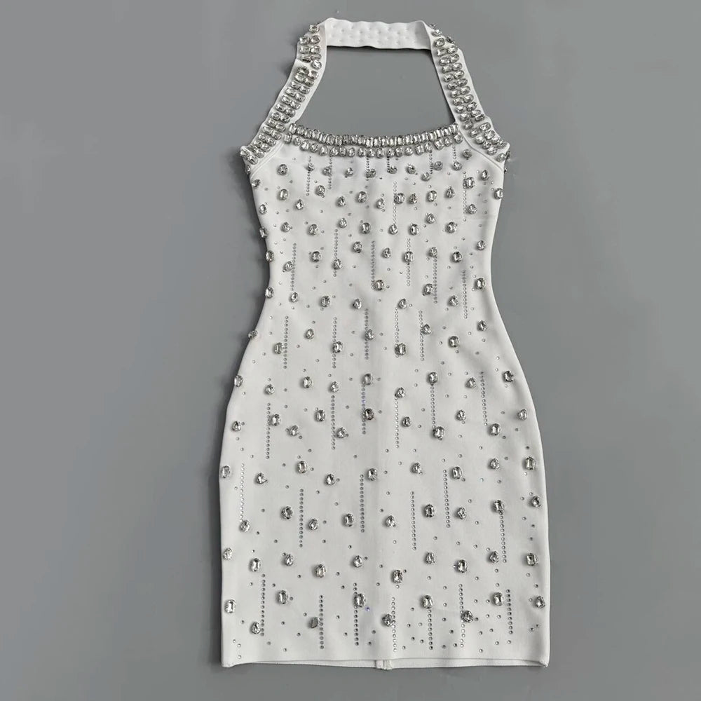 Luxury Diamond Rhinestone Women Summer Halter Bandage Dress Club Evening Party Mini Dresses
