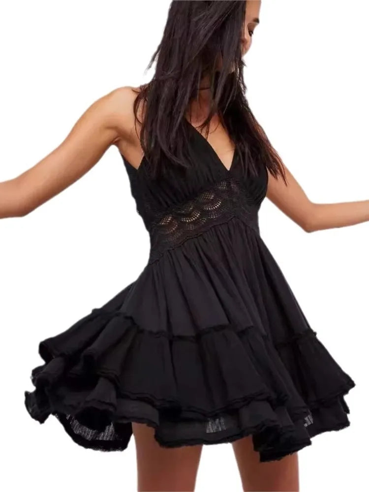 2025 Women Sexy Backless Lace Mini Dress Fashion Elegant V-neck Beach Vacation Sleeveless Dress Summer Party Nightclub Vestidos