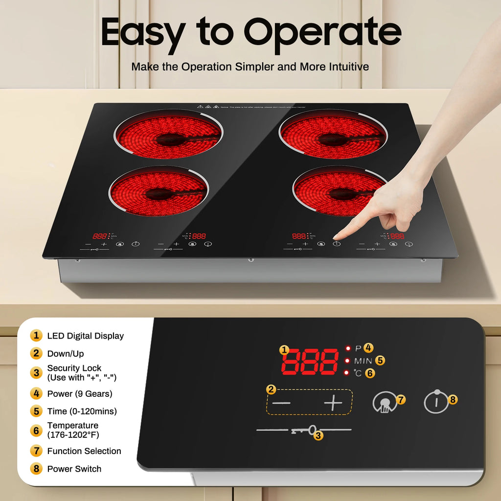 4 Burners Electric Ceramic Cooktop 110V 3000W LED Touch Control Built‑in Countertop Stove Flexible Adjustment for Home Kitchen