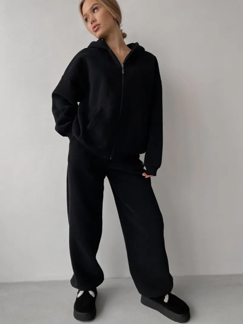 Women's Casual Suit Solid Color Long Sleeve Hooded Cardigan Pocket Sweater Elastic Pants Two-piece Set