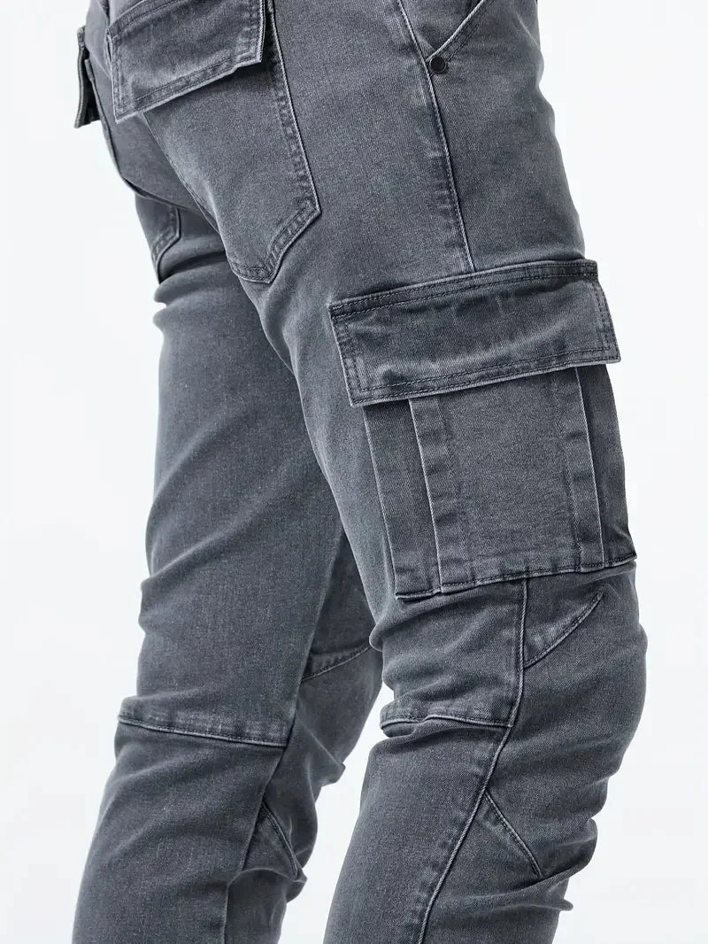 Street Elastic Jeans Men Denim Cargo Pants Wash Solid Color Multi Pockets Casual Mid Waist Trousers Slim Fit Daily Wear Joggers