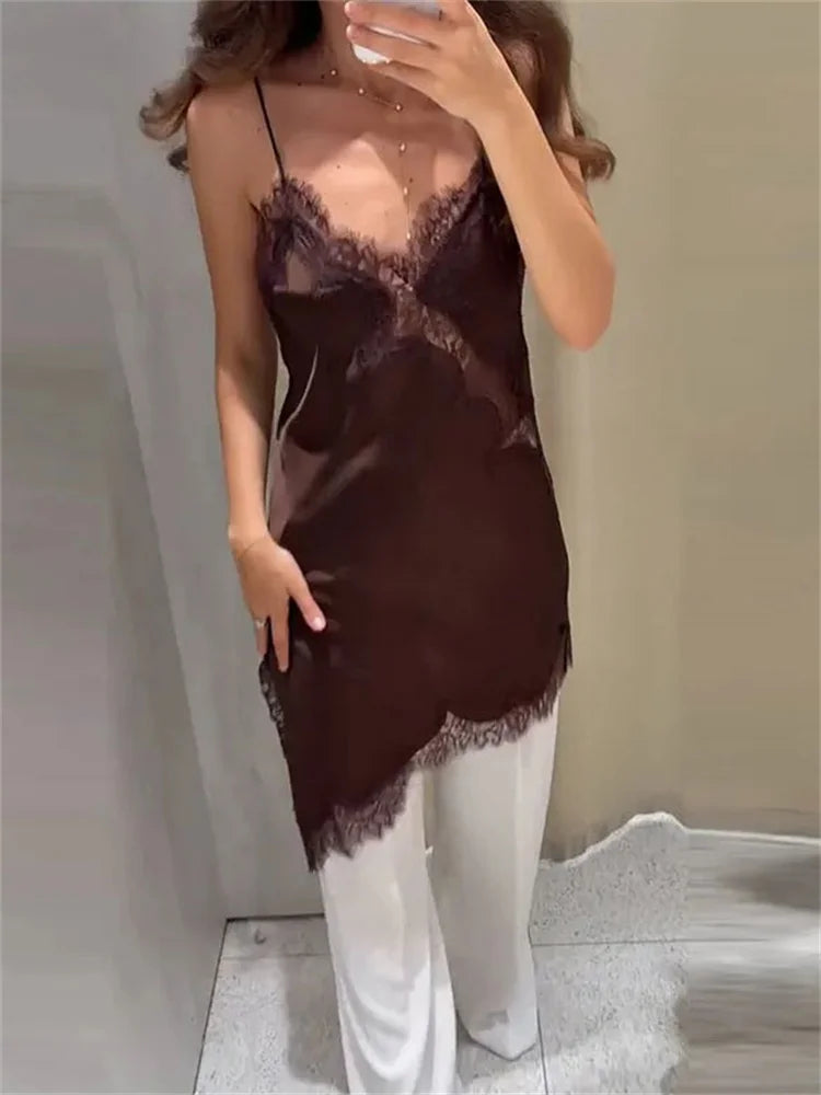 Tossy Sexy Lace Halter Dresses Female Backless Patchwork V-Neck Summer 2025 New Slim Party Dress Women Spaghetti Bodycon Dress