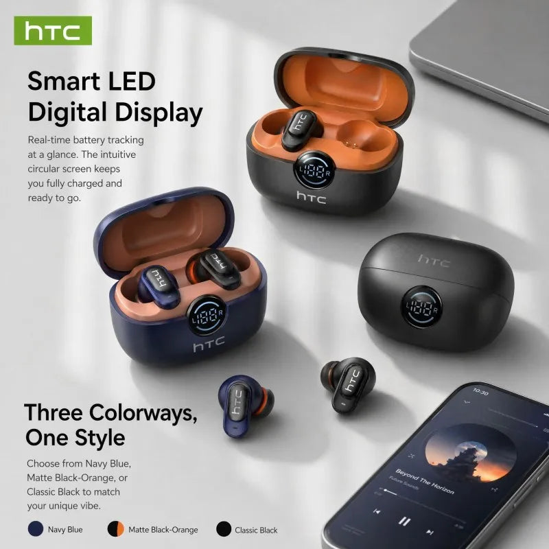 HTC NE79 Bluetooth Earphones Sports Gaming Long Battery Comfort Wireless Headphones Premium Sound Quality Soft In-ear Earbuds