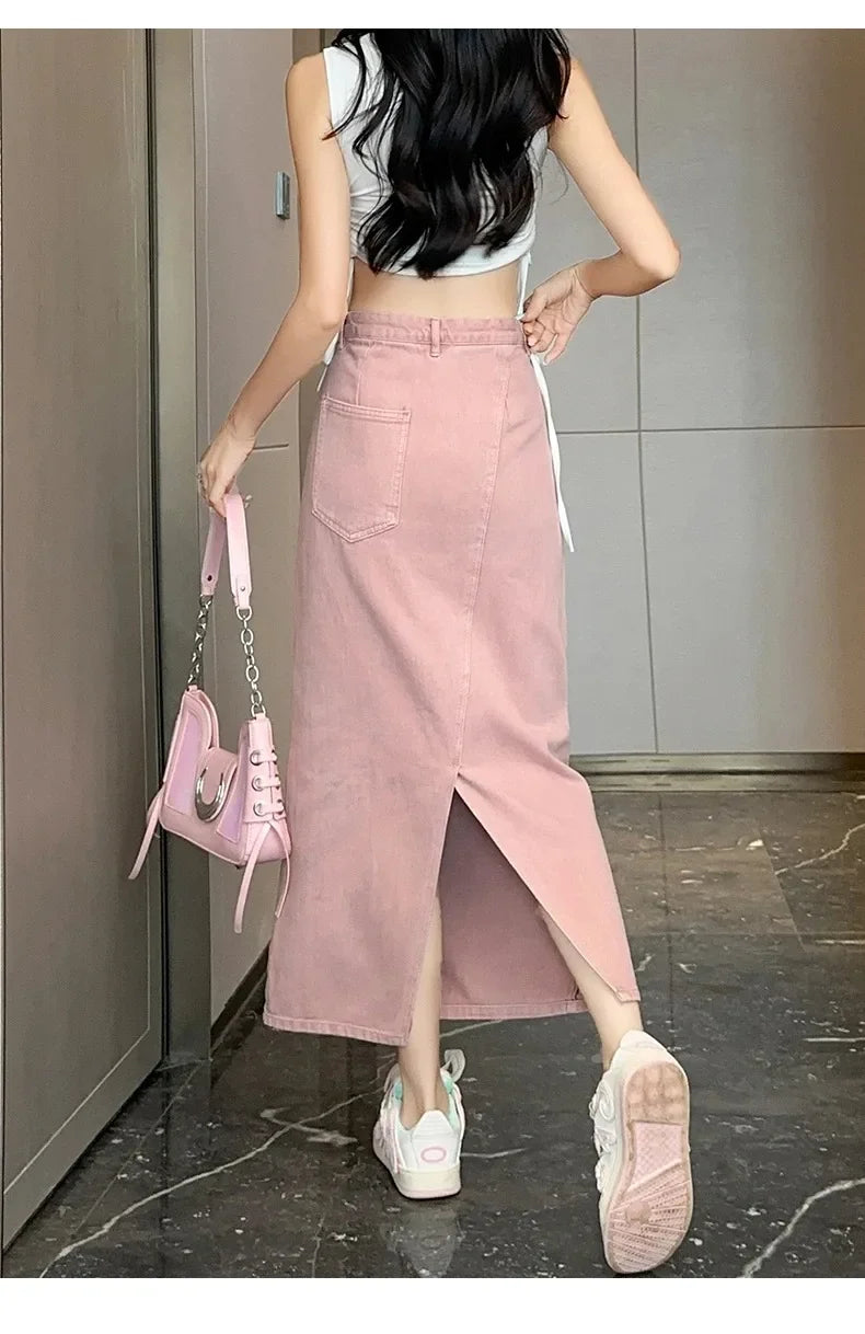 New Summer Women's 100% Cotton Denim Shorts Pink High-waisted Slit Retro Elegant Fashionable Casual Denim Long Skirt Female