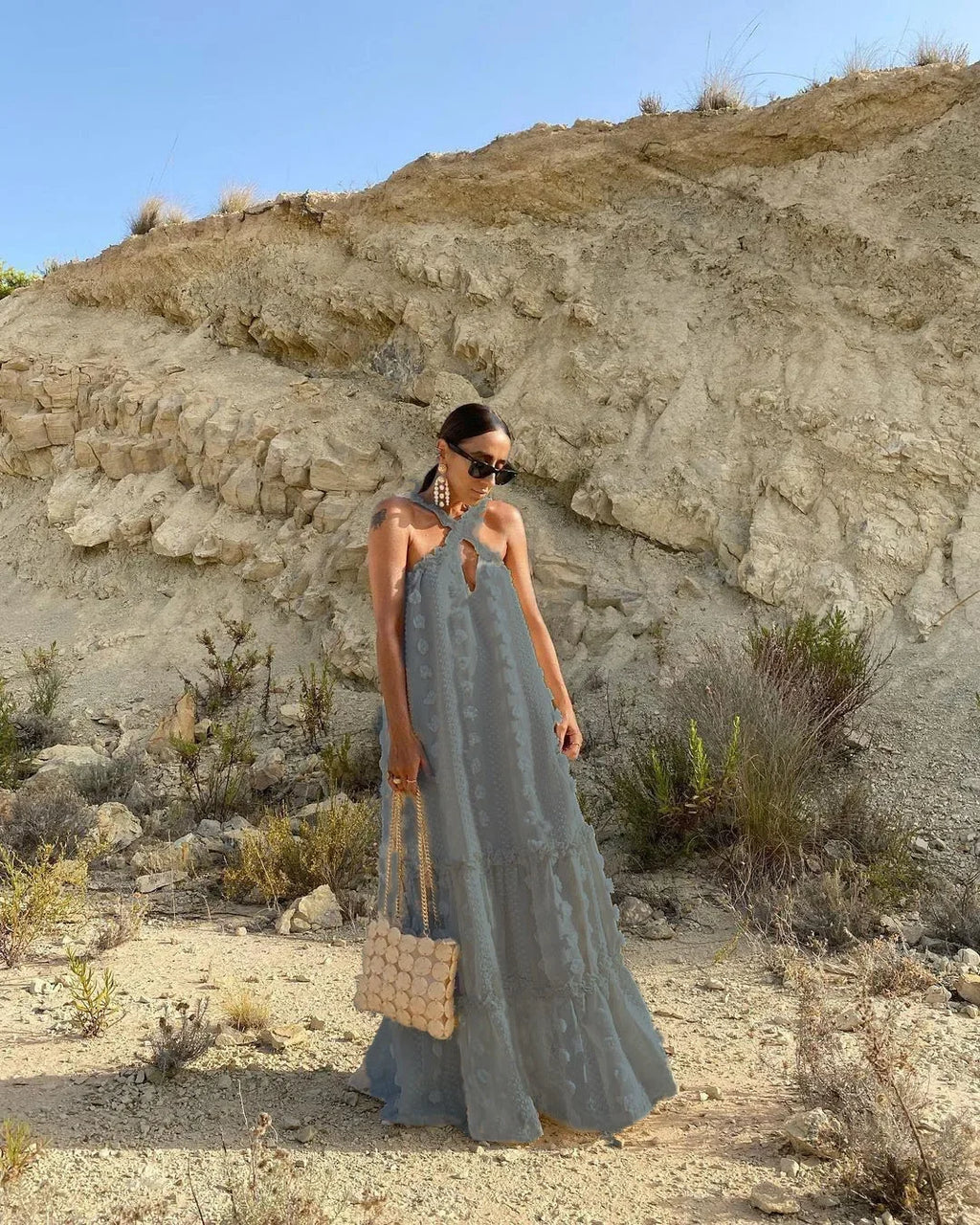 Sleeveless Halter Maxi Summer Dress for Women Fashion Ruffle Beach Long Robe 2025 Elegant Slip Holiday Hollow Out Sundress