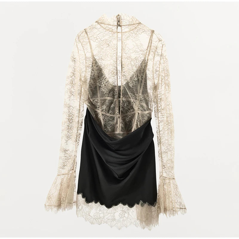 Elegant Sexy Lace Patchwork Mini Dress Women Full Flared Sleeve Waist Cinching See Through Short Dresses Lady Club Party Gowns