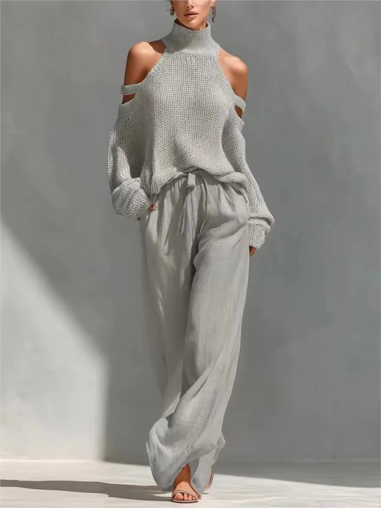 Fashion High Collar Sexy Hollow Off-shoulder Women's Knitted Tops 2-piece Set Spring Casual Loose Wide-leg Trousers Female Suit