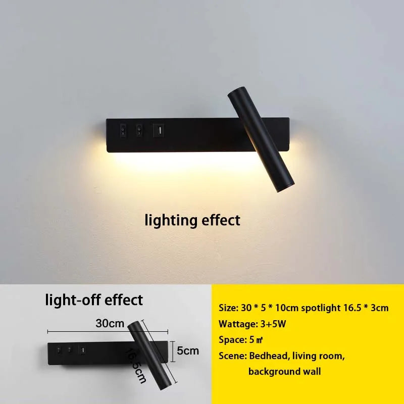 LED wall light with switch, rotatable USB reading spotlight, spotlighting, bedroom bedside hallway home decoration wall light
