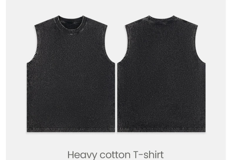 230g Pure Cotton European and American High Street Retro Washed Distressed Sleeveless Vest Men's Casual Loose Shoulder T-shirt