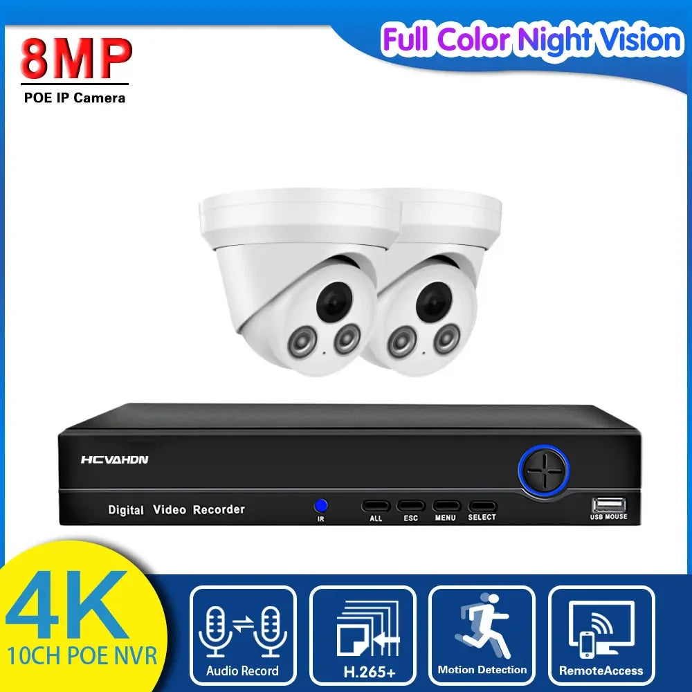 4K POE CCTV Camera Security System Kit Dome Outdoor Waterproof Color Night Vision IP Camera Video Surveillance System Kit 10CH
