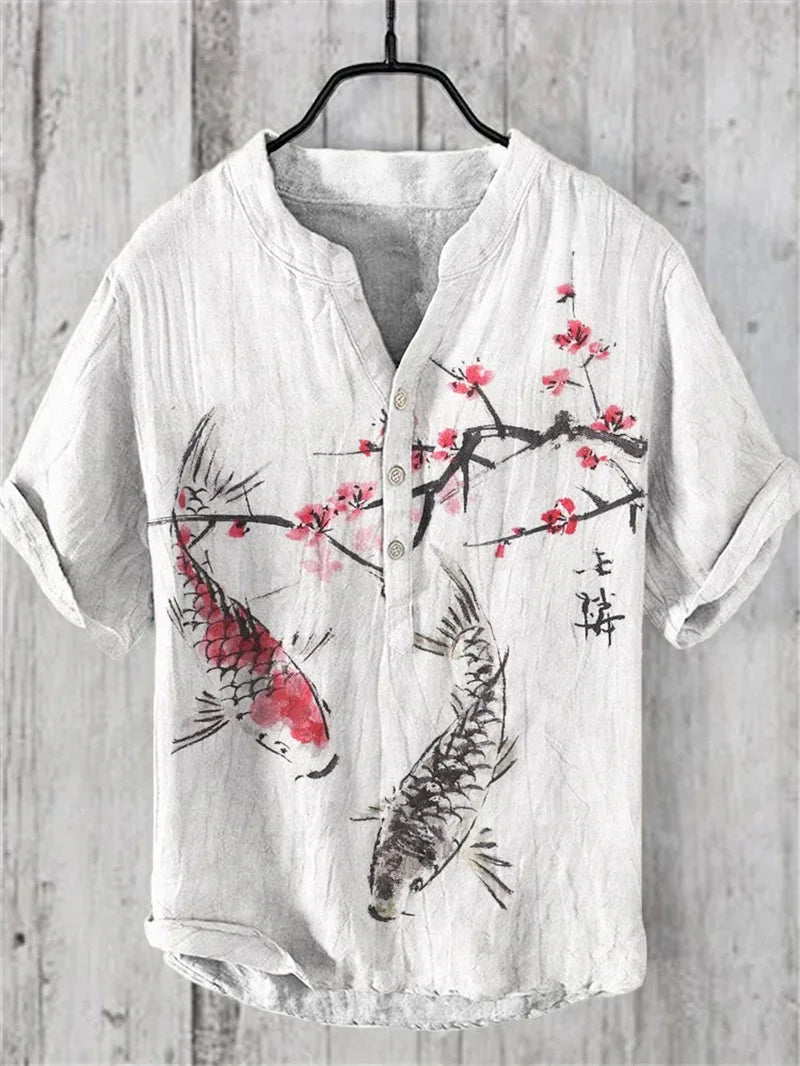 Hot sale Henry shirt 2025 summer men's casual short-sleeved T-shirt floral print top linen blend comfortable fabric XS-6XL size