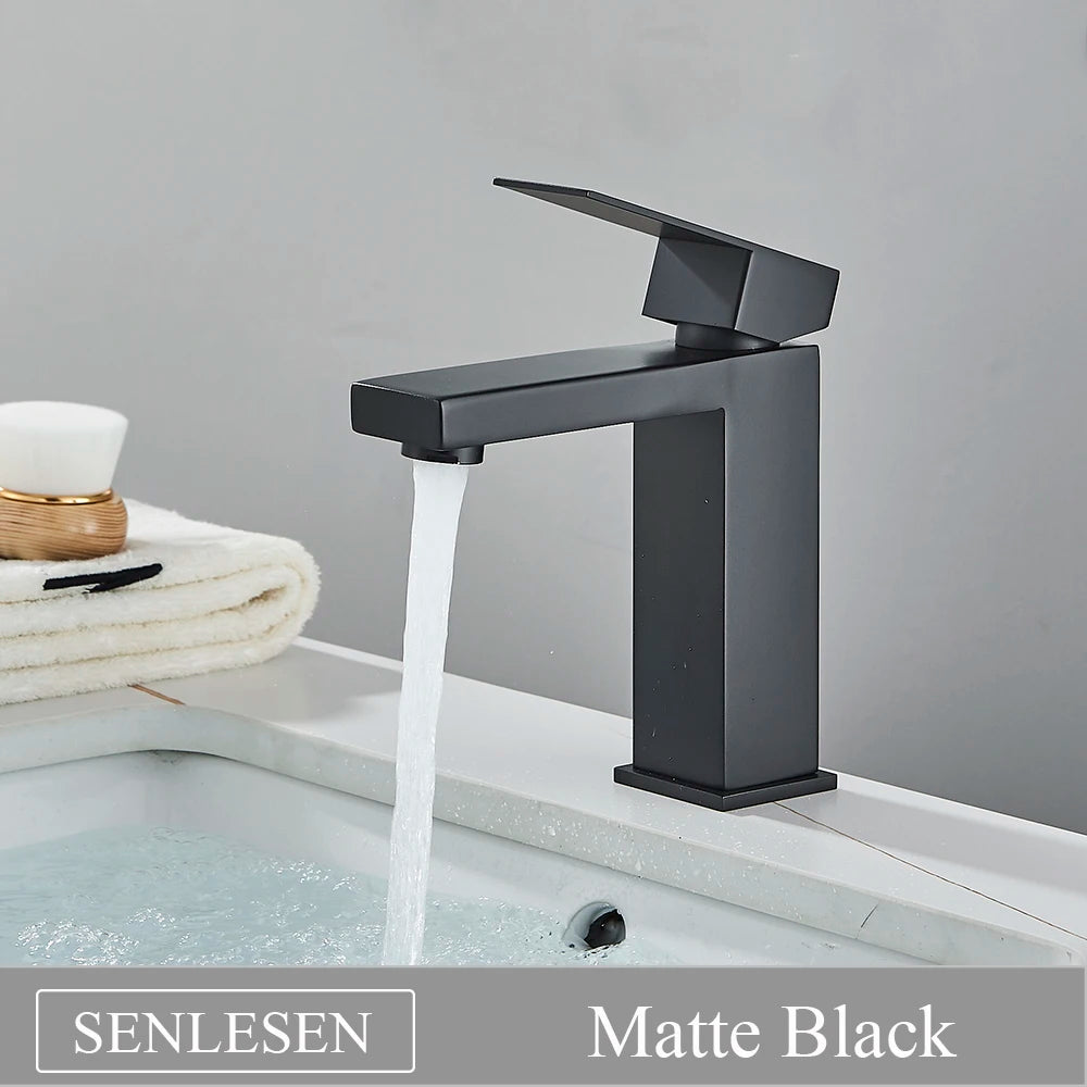 Senlesen Brushed Gold Bathroom Faucet Basin Faucets Deck Mounted Sink Mixer Tap Stainless Steel Countertop Hot Cold Water Crane