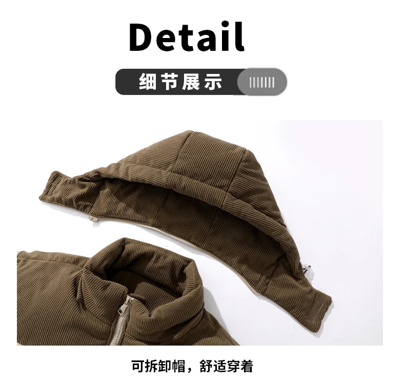 Men's  Block Corduroy Hooded Puffer Jacket Full Zip Thick Warm Winter Coat Loose Windproof Casual Outerwear With Side Pockets
