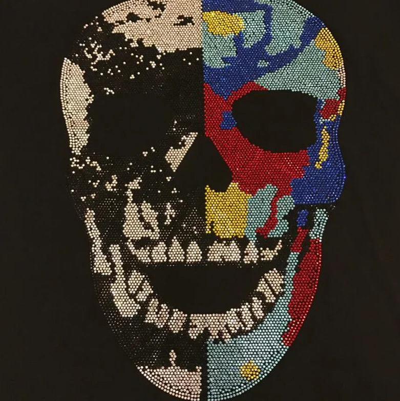 2025 Summer New Luxury Men's Fashion Skull Design Rhinestones T-Shirt Pure Cotton Crew-Neck Casual High Quality