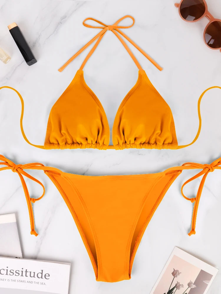 Women's Sexy Bikini Set Summer Beach Vacation Style Solid Color Women's Hanging Neck Exposed Back Lace Up Bikini Swimsuit Suit