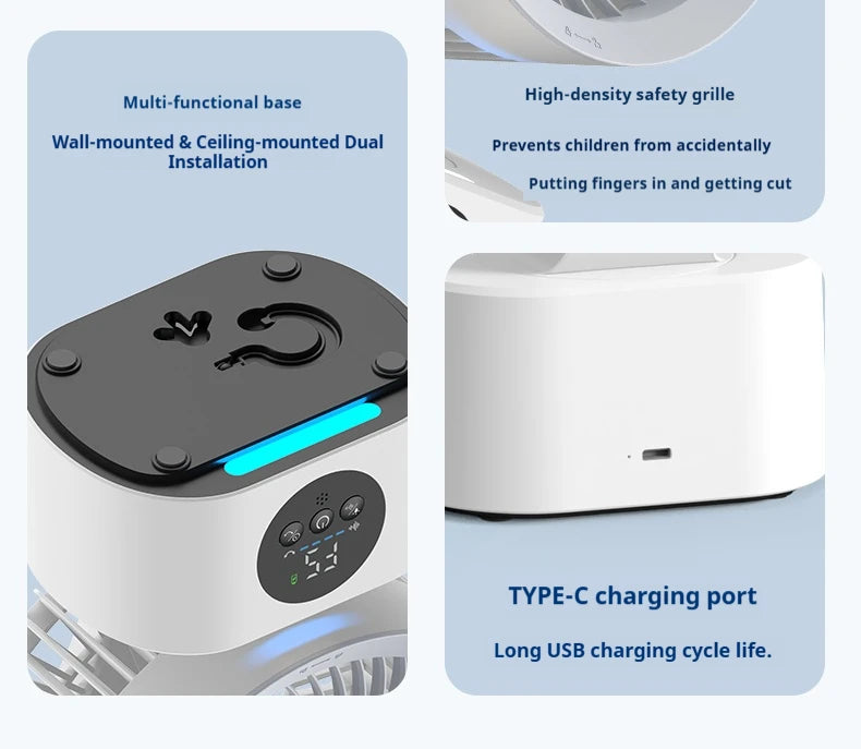 HOMEFISH USB Rechargeable Wall‑mounted Fan Foldable Swivel Portable Fan Built‑in Night Light Household Air Cooling Fan