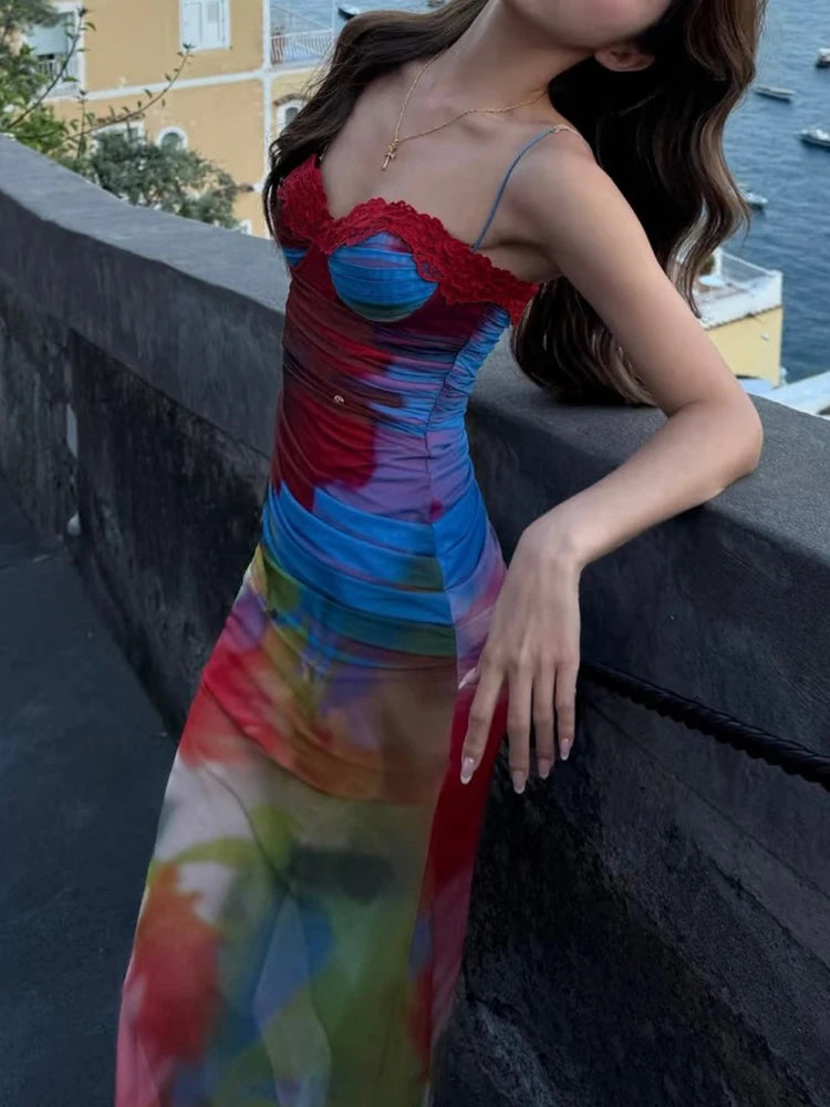 Weird Puss Colorful Print Maxi Dress Patchwork Lace Mesh Low-Neck Sleeveless Backless Summer Trend Vacation Clubwear Vestidos