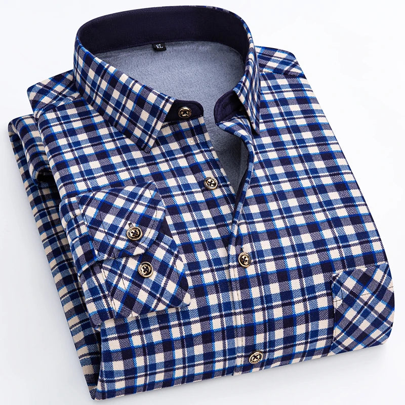 Winter Warm Shirts For Men Regular Fit Thicker Velvet Top Blouse Asia Plus Size Big Plaid Casual Clothing Long Sleeves Shirts
