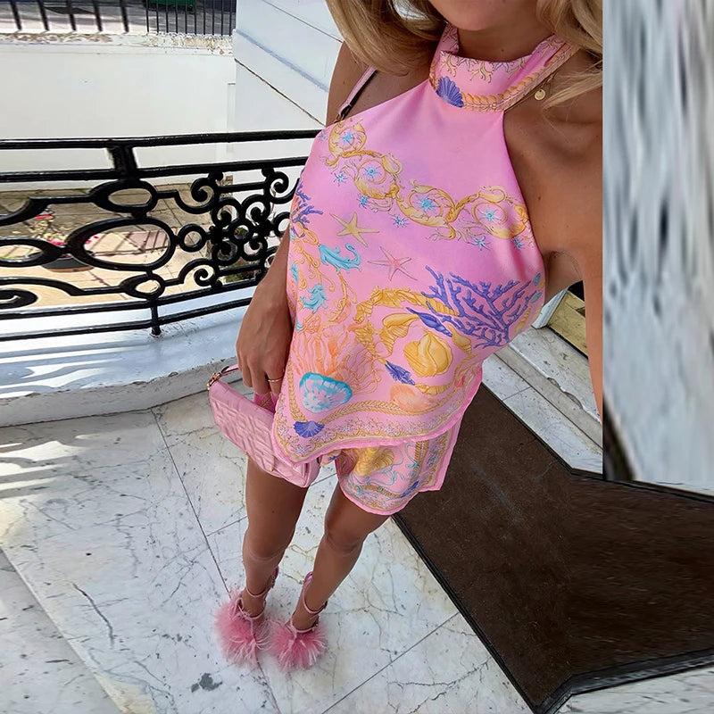 Vintage Printed Women Suits 2 Piece Sets Women Sexy Halter Vest Shorts Outfits Female Holiday Clothes Summer Casual Two Piece