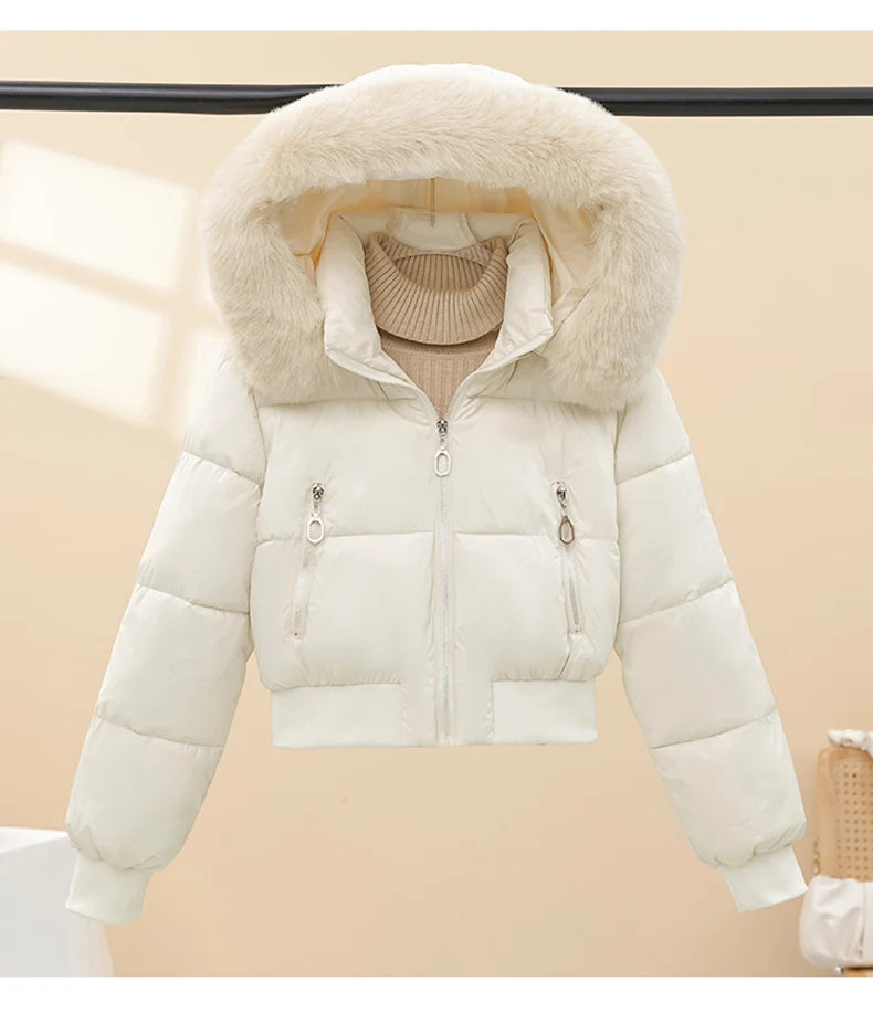 2025 Winter New Short Cotton Jackets Long Sleeve Loose Short Women's Parka Coats Hooded Big Fur Collar Down Cotton Padded Coats
