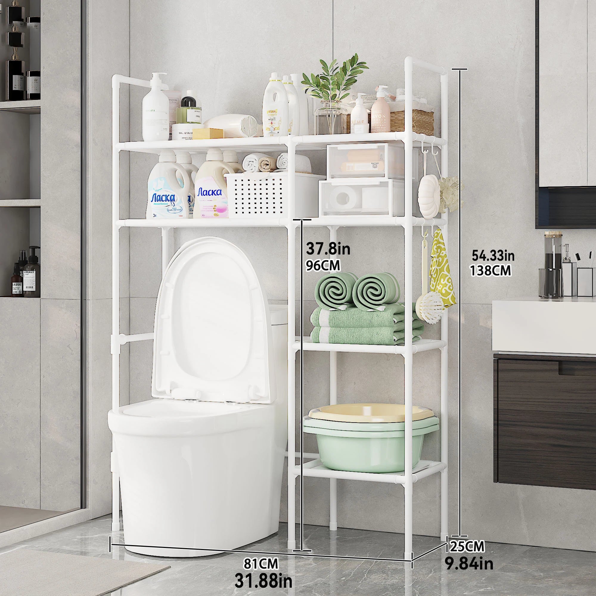 2/3 Tier Bathroom Storage Cabinet - Space-Saving, Over-The-Toilet Storage Shelf, Easy to Assemble, Suitable for Bathroom Essentials with Rust-Proof Metal Frame and Plastic Dividers, Ideal for Storing Toiletries, Towels, and D