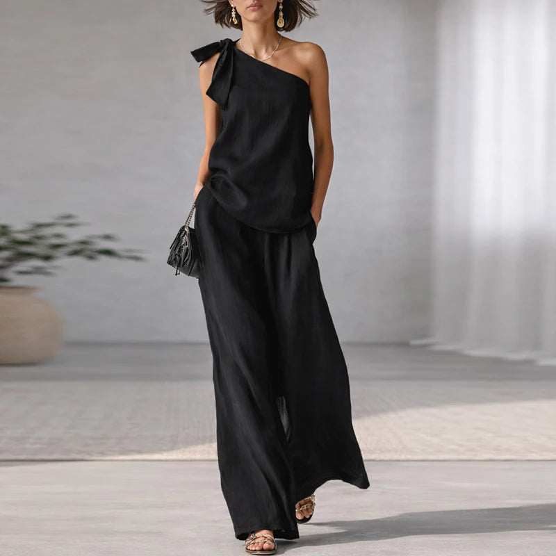 Elegant Lace Up Sleeveless T Shirts Vest High Waist Loose Pants Suit Women Casual Two Piece Set Fashion Holiday Outfits
