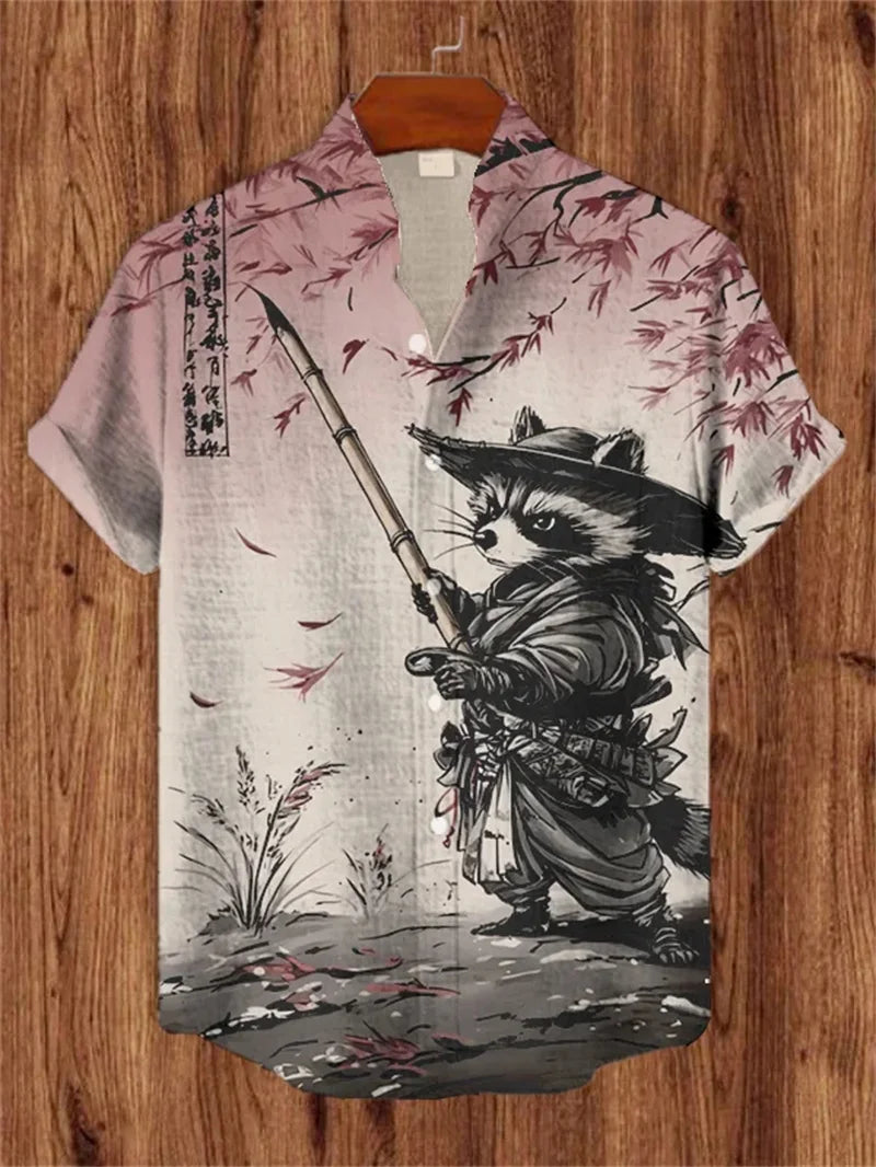 Men's Warrior Cat Art Linen Shirt 3D Plum Blossom Print Casual Hawaiian Shirt Summer Short Sleeved Shirt Top