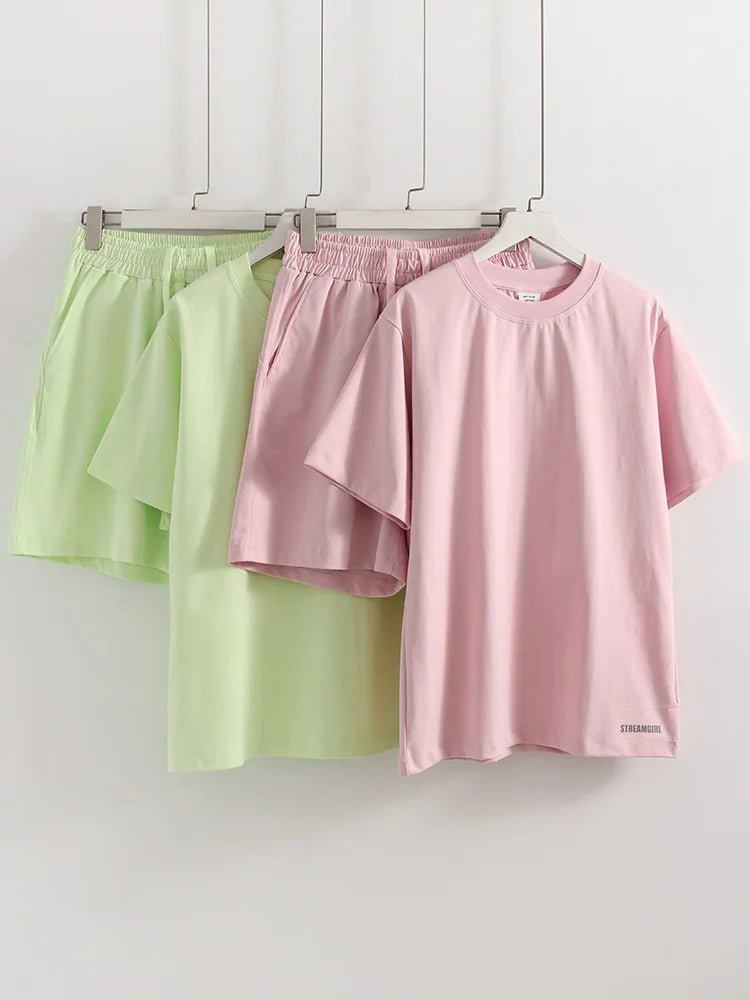 Summer 2 Piece Shorts Set Woman Cotton Brown Oversized T Shirts And Shorts Two Pieces Outfits For Women White Short Sets Pink