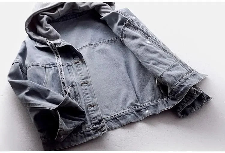 Denim Jacket Schoolgirl Korean Version Loose Short Jacket Long-sleeved Hooded Jacket Multi-pocket Versatile Top Autumnand Winter