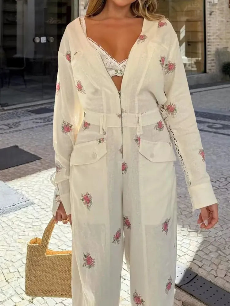Fashionable Print Long Sleeve V-Neck Zipper One-Piece Pants Women's High Waist Straight Leg Suiting Commute Workwear Autumn 2026