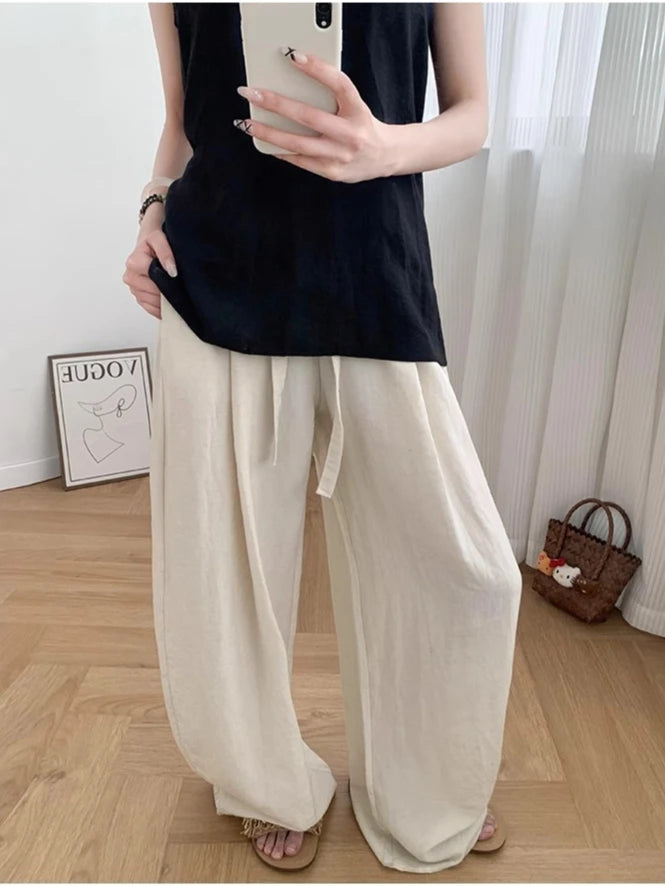 Loose Casual Cotton Linen Trousers Women Full Length Drawstring Women's Wide-leg Pants Summer Thin Linen Navy Blue Baggy Pants