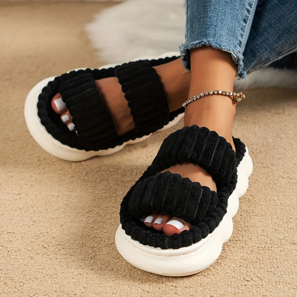 Fashion Women Winter Slipper Corduroy Double Strap House Warm Plush Flat Slippers Autumn Woman Light Comfort Indoor Slipper