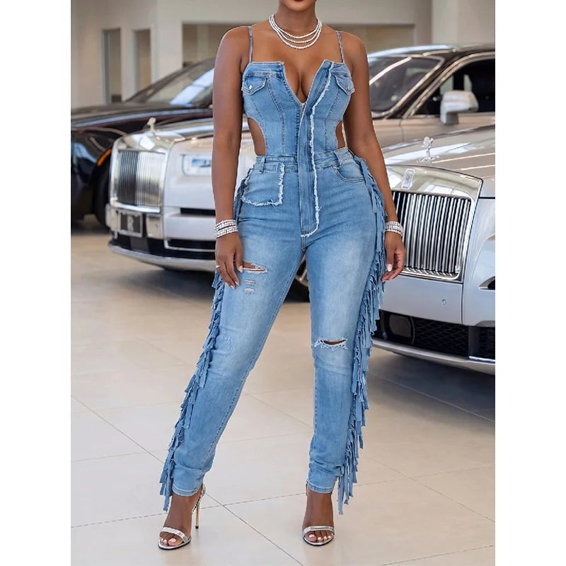 Slergiri Sexy Backless Spaghetti Strap Fringe Denim Jumpsuit Women Fashion New 2026 Summer Zipper Front Ripped Jeans Jumpsuit