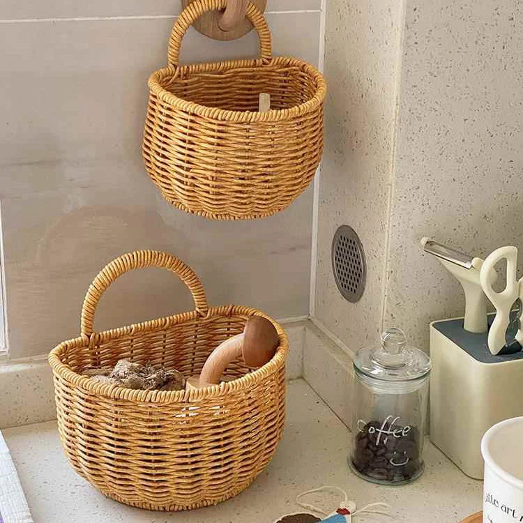 Kitchen Storage Basket With Handle Cute Wall Hanging Woven Basket Kawaii Hanging Storage Basket Kitchen Sundries Organizer