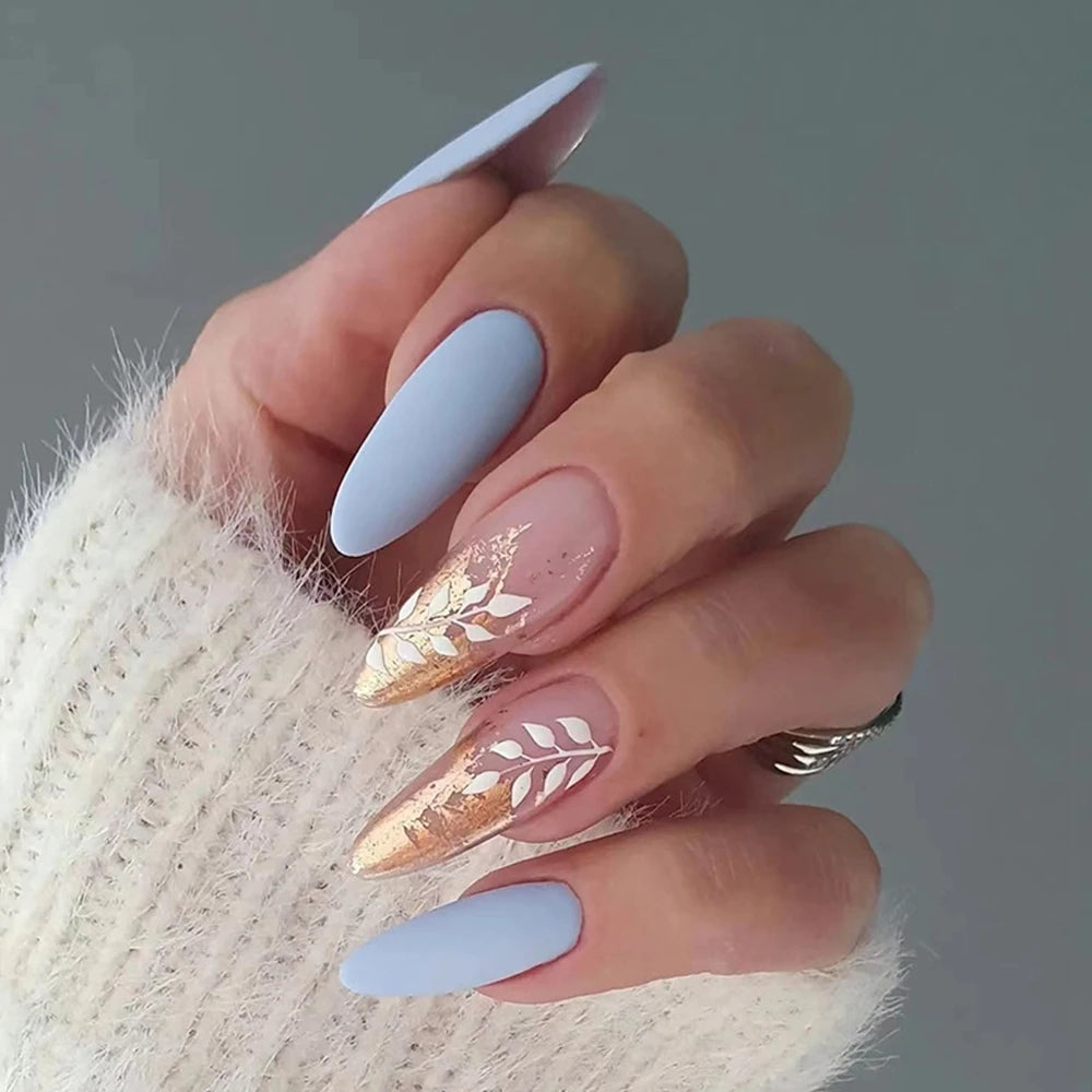 24Pcs/Set Blue Sky White Cloud Fake Nails Glue DIY Manicure Pattern Design False Nail French Stiletto Full Cover Nail Art Tools