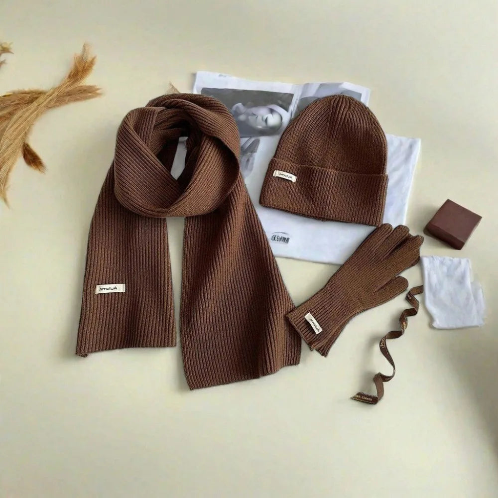Knitted Winter Scarf Woman Solid Color Hat Scarf Gloves Women's Windproof Adult Three-piece Set Fashion Women's Scarf Hat Set
