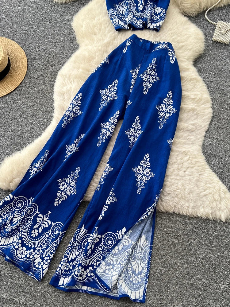Women's Summer Two Pieces Bohemian Vacation Printed Halter Neck Sleeveless Top High Waist Wide Leg Pants Two-piece Set TP044