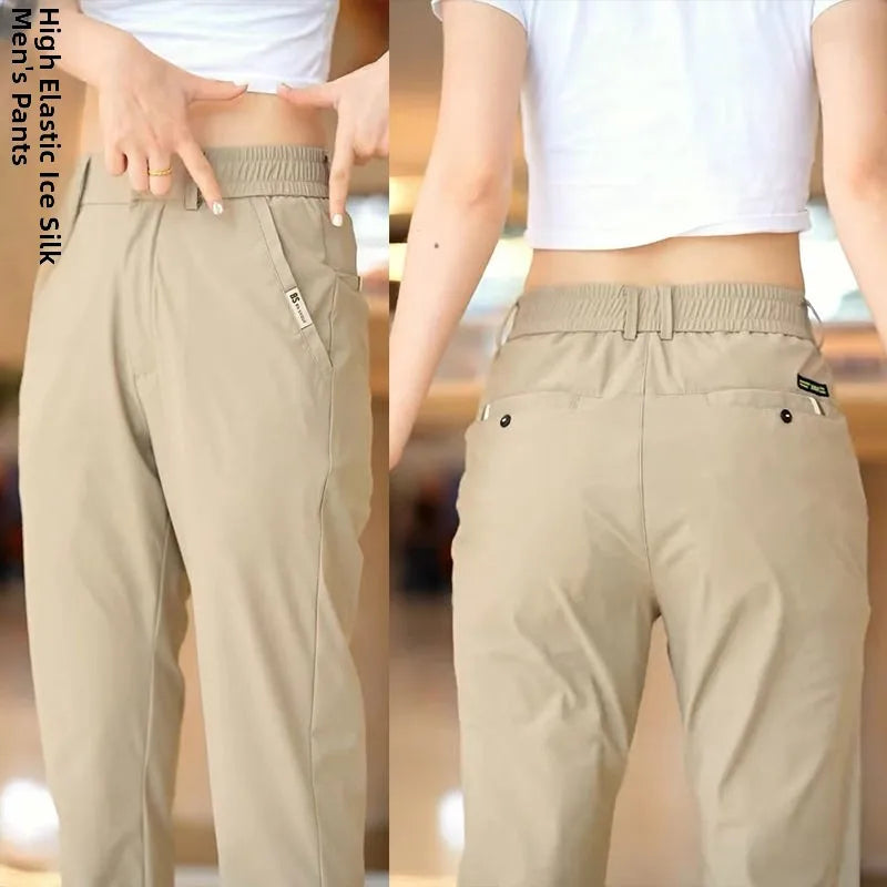 High Elasticity Ice Silk Casual Pants Men's Summer Thin Style Quick Dry Fashion Business Straight Leg Pants
