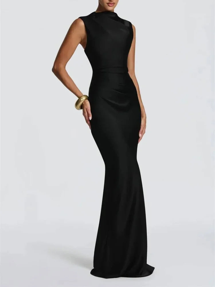 Women Fashion Solid Pleated Halter Dress Waist-cinching Sleeveless Backless Split Maxi Dresses 2026 Sexy Summer Lady Party Gowns