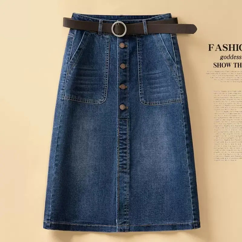 High Waist Washed Cotton Denim Skirt Mid-Length A-Line Women's Skirt Spring Summer New Style Casual Pure Color Button Design