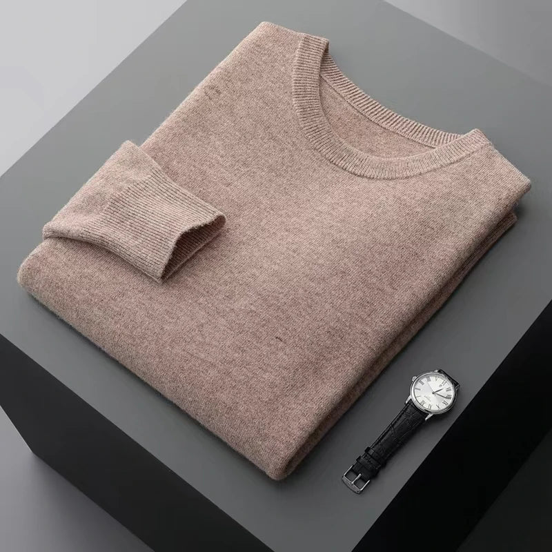 100% wool men's round neck solid color loose knit cashmere pullover for business and leisure, keeping warm in autumn and winter