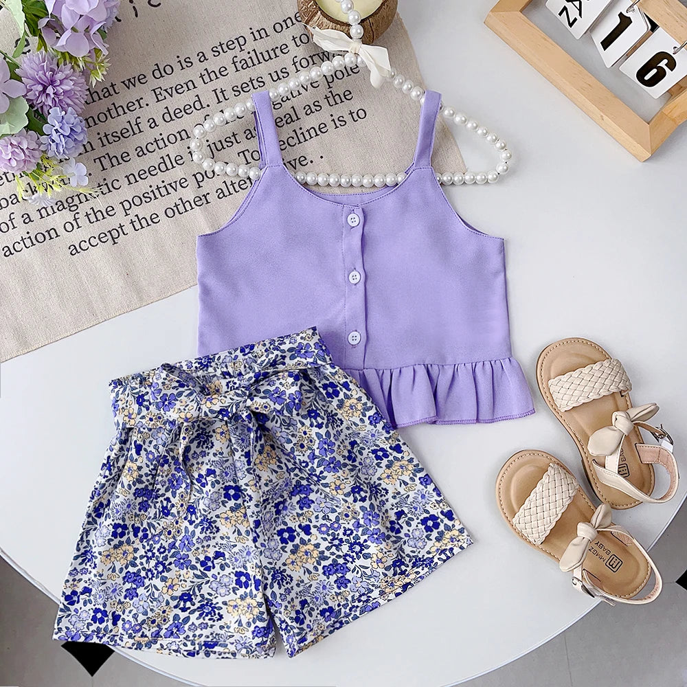 Bear Leader Girls Clothing Sets Summer Solid Suspender T-shirt Tops + Floral Shorts Sets 2pcs Kids Clothes Suit 2pcs Outfits
