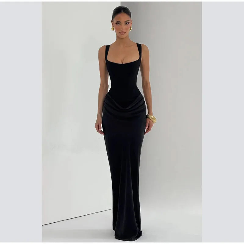Solid Pleated Sling Dress Women Square Neck Sleeveless Backless Waist Cinching Bodycon Dresses Lady Summer Evening Party Gowns