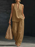 Loose Two-piece Halter Neck V-neck Sleeveless Top Trousers 2026 Summer Women's Fashion Solid Color Casual Womens Matching Sets