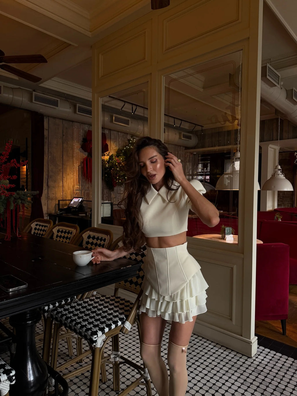 Trendy White 2 Piece Outfit for Women Puff Sleeve Crop Top & Ruffled A-line Skirt Sexy Bodycon Dress Club Party Date Night Look